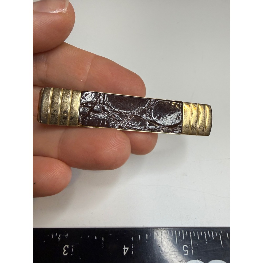 Anson Mens Tie Clip Gold Tone Brown Faux Alligator Skin Inlay Ribbed Textured